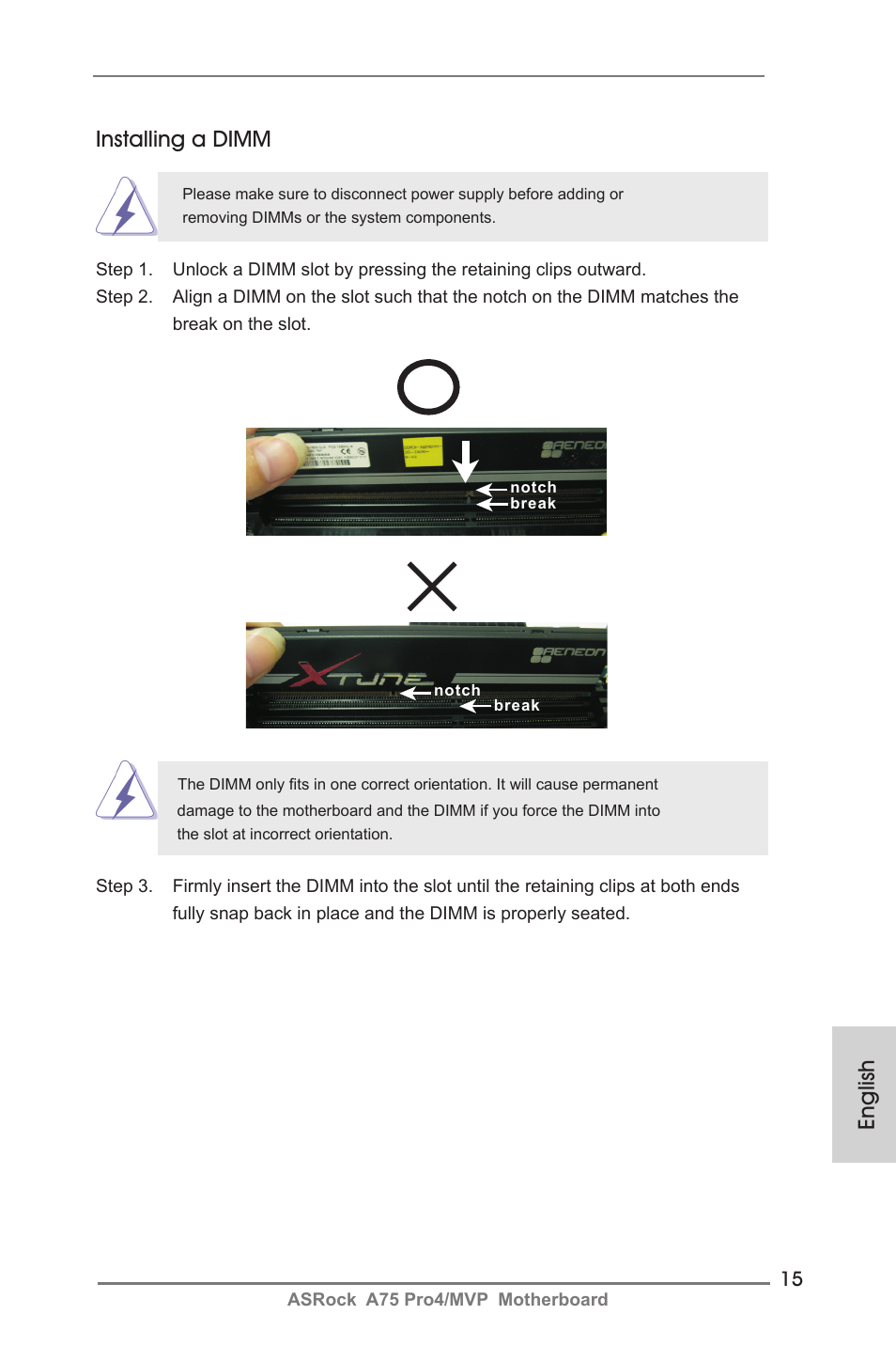 English installing a dimm | ASRock A75 Pro4__MVP User Manual | Page 15 / 200