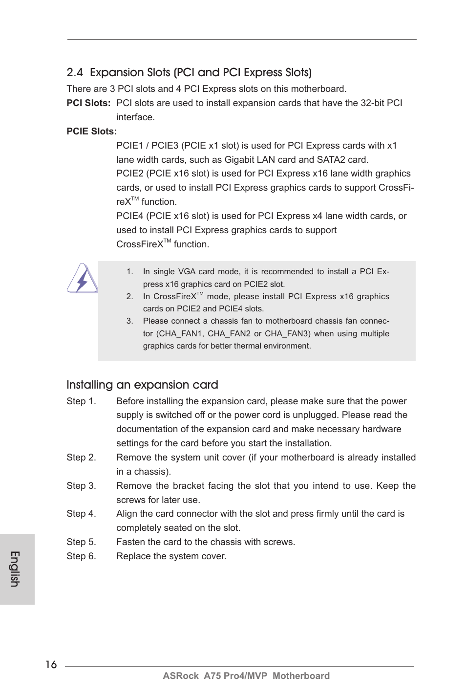 Installing an expansion card | ASRock A75 Pro4__MVP User Manual | Page 16 / 200