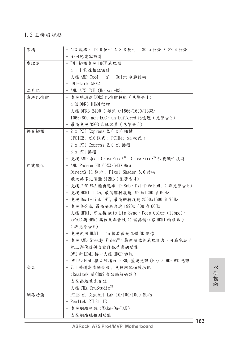 2 主機板規格, 繁體中文 | ASRock A75 Pro4__MVP User Manual | Page 183 / 200