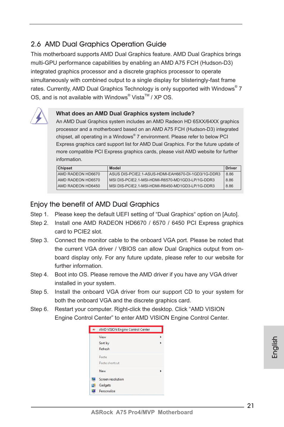 English 2.6 amd dual graphics operation guide, Enjoy the benefit of amd dual graphics | ASRock A75 Pro4__MVP User Manual | Page 21 / 200