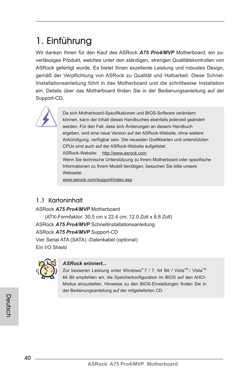 German, Einführung, 1 kartoninhalt | Deutsch | ASRock A75 Pro4__MVP User Manual | Page 40 / 200