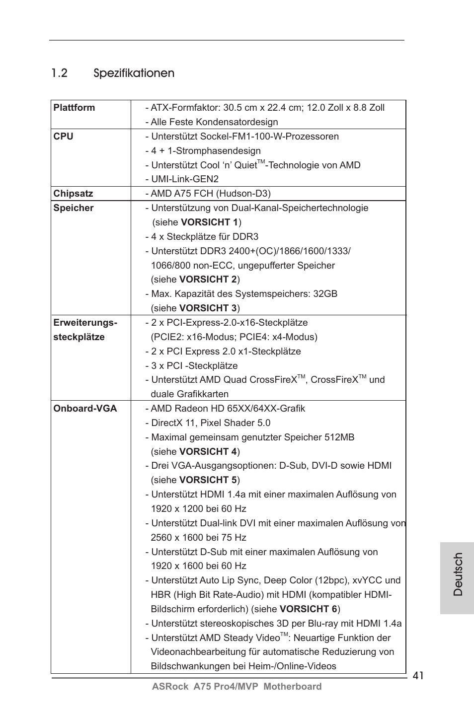 2 spezifikationen, Deutsch | ASRock A75 Pro4__MVP User Manual | Page 41 / 200