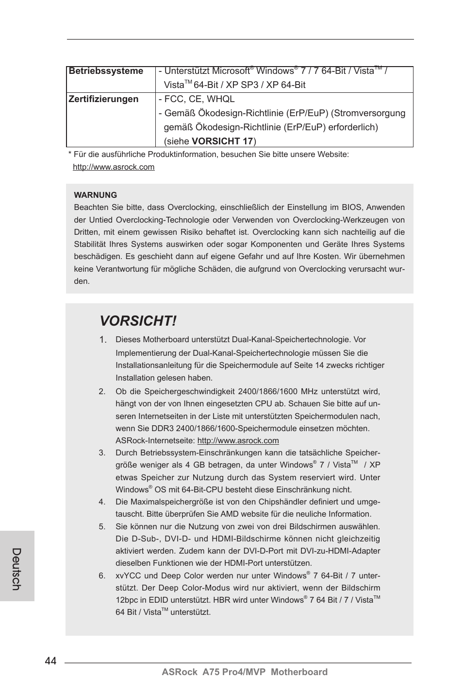 Vorsicht, Deutsch | ASRock A75 Pro4__MVP User Manual | Page 44 / 200