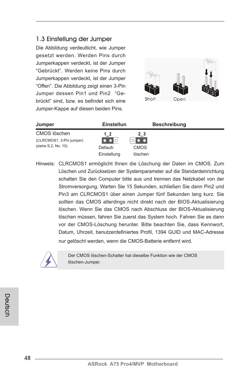 Deutsch 1.3 einstellung der jumper | ASRock A75 Pro4__MVP User Manual | Page 48 / 200