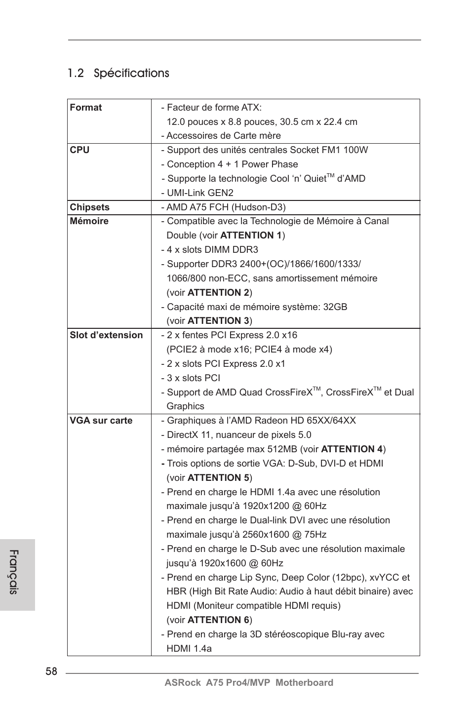 Français 1.2 spécifications | ASRock A75 Pro4__MVP User Manual | Page 58 / 200