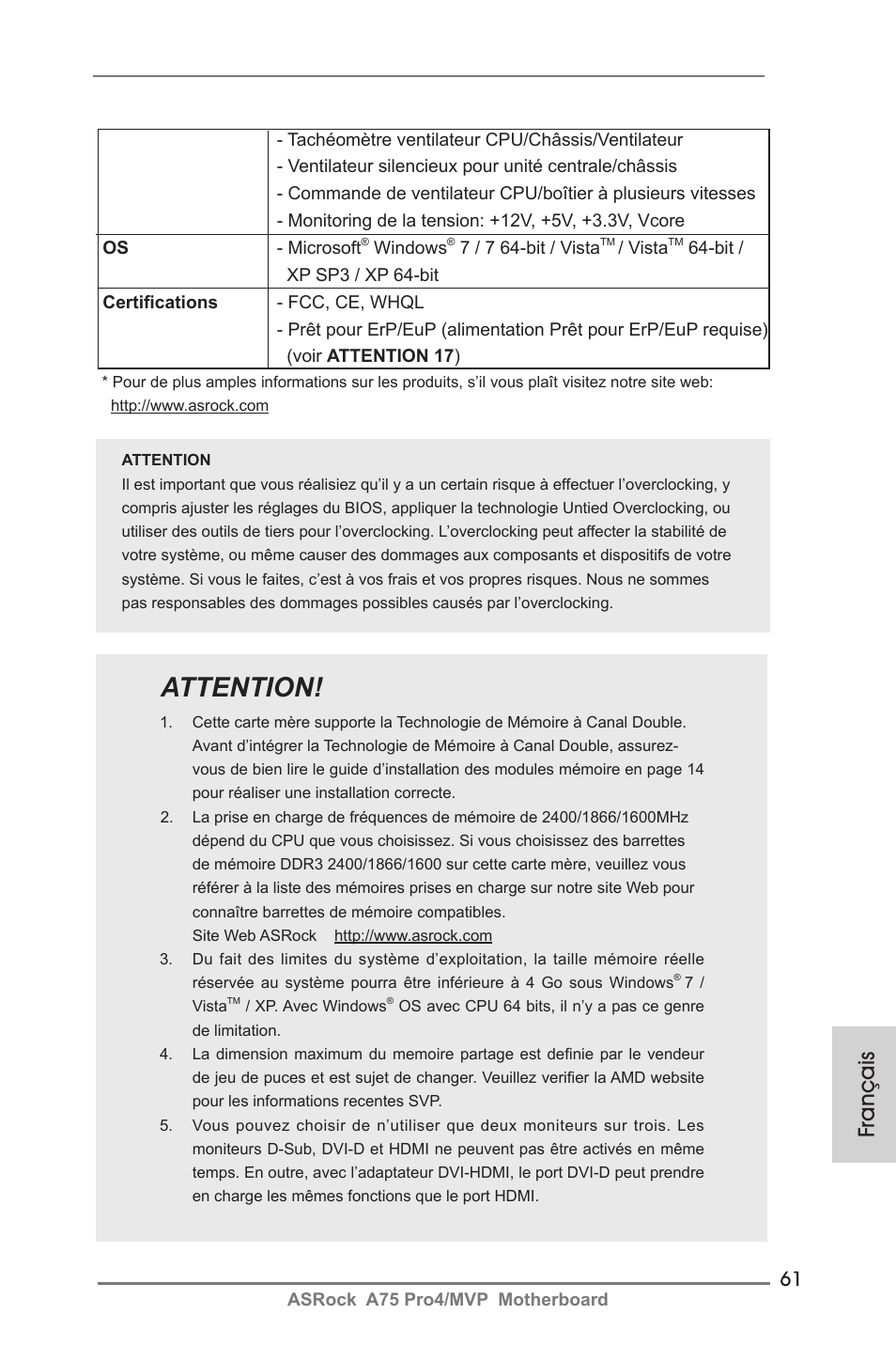 Attention, Français | ASRock A75 Pro4__MVP User Manual | Page 61 / 200