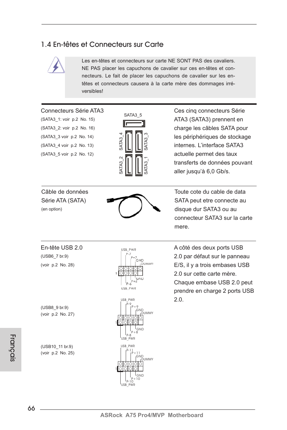 Français, 4 en-têtes et connecteurs sur carte | ASRock A75 Pro4__MVP User Manual | Page 66 / 200