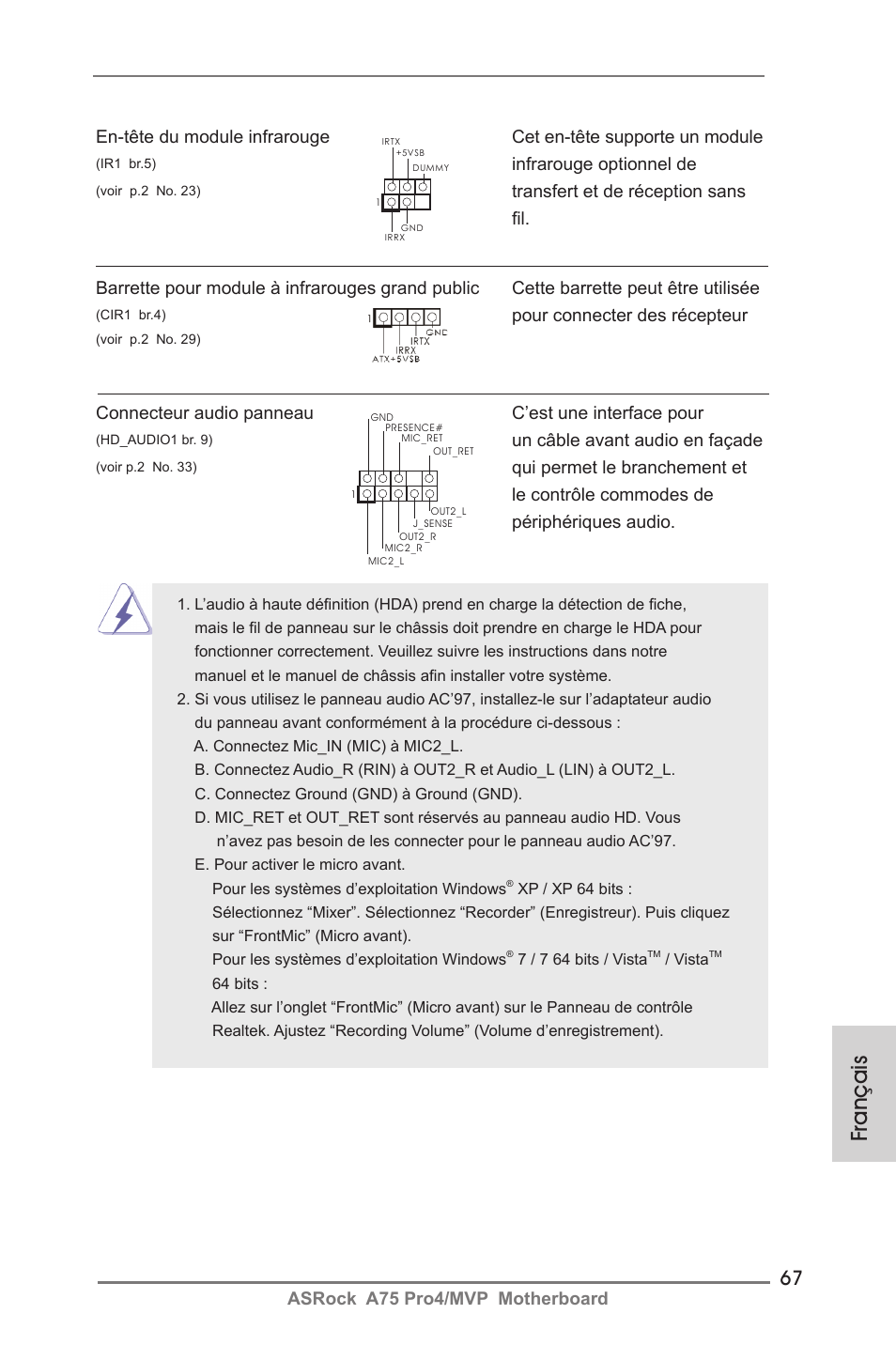 Français, Asrock a75 pro4/mvp motherboard, Infrarouge optionnel de | Un câble avant audio en façade, Pour connecter des récepteur | ASRock A75 Pro4__MVP User Manual | Page 67 / 200