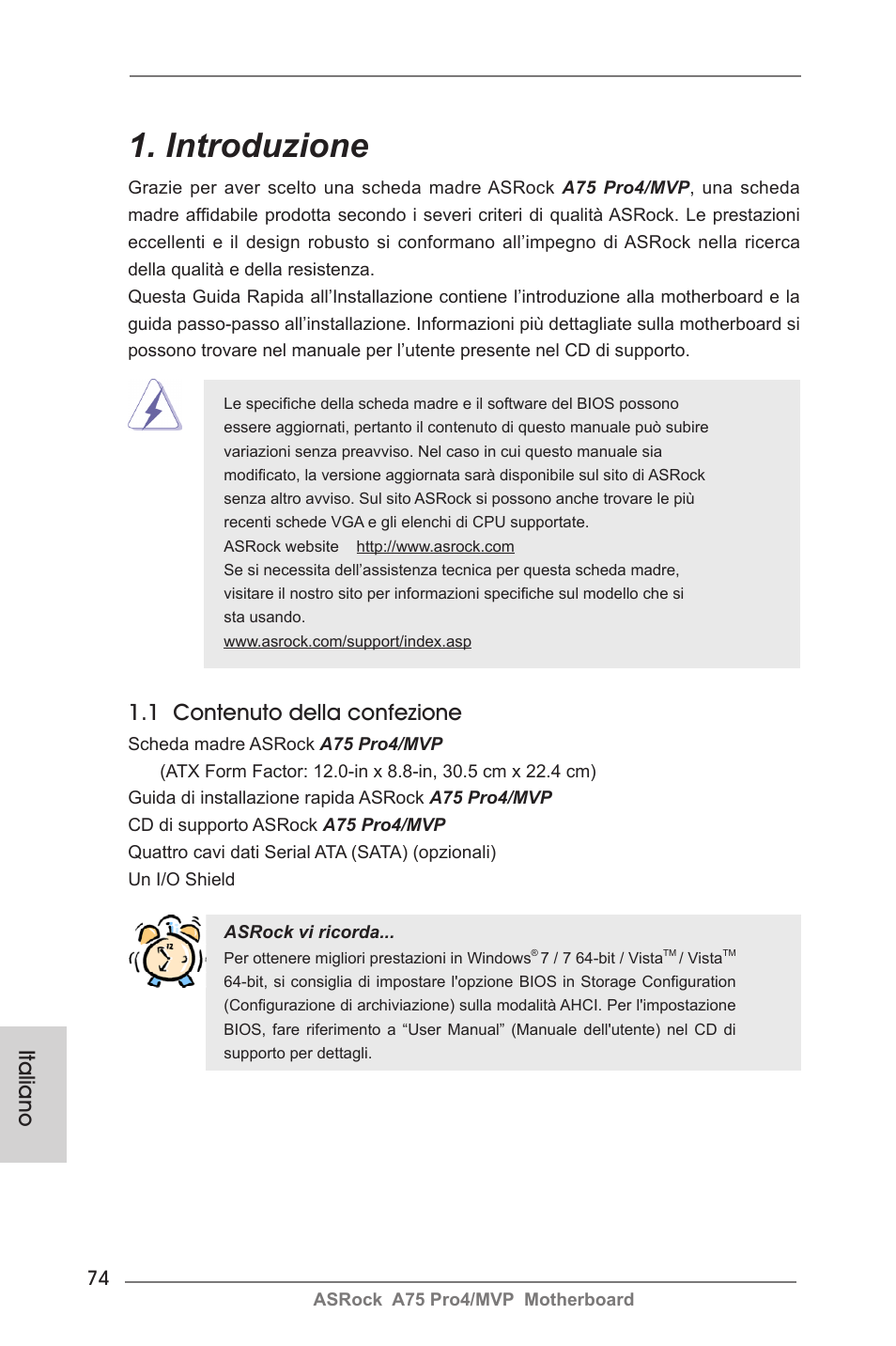 Italian, Introduzione, 1 contenuto della confezione | Italiano | ASRock A75 Pro4__MVP User Manual | Page 74 / 200
