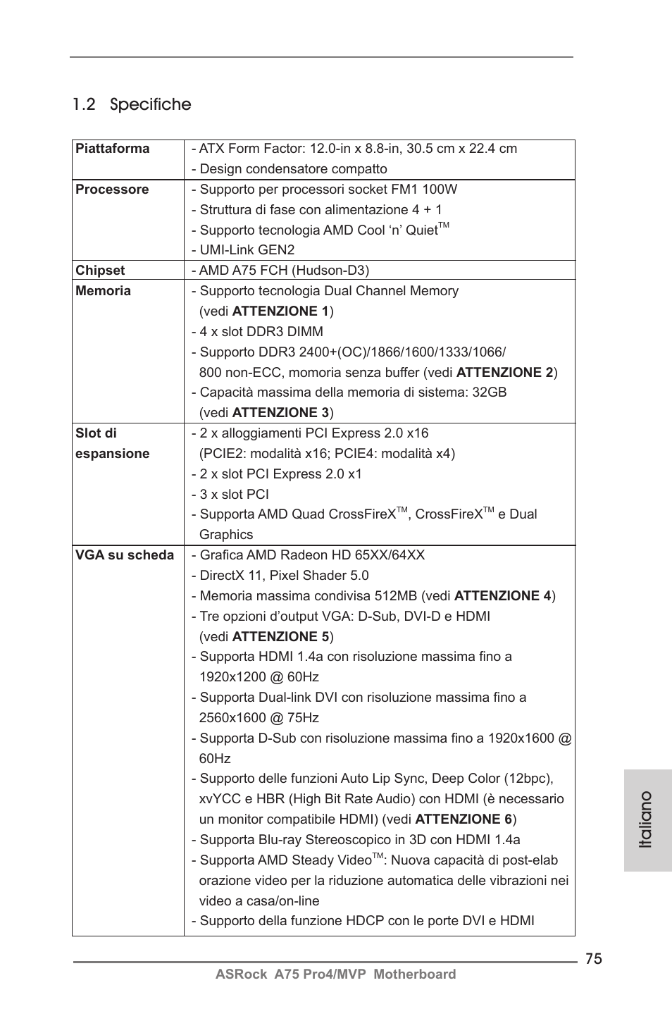 Italiano 1.2 specifiche | ASRock A75 Pro4__MVP User Manual | Page 75 / 200