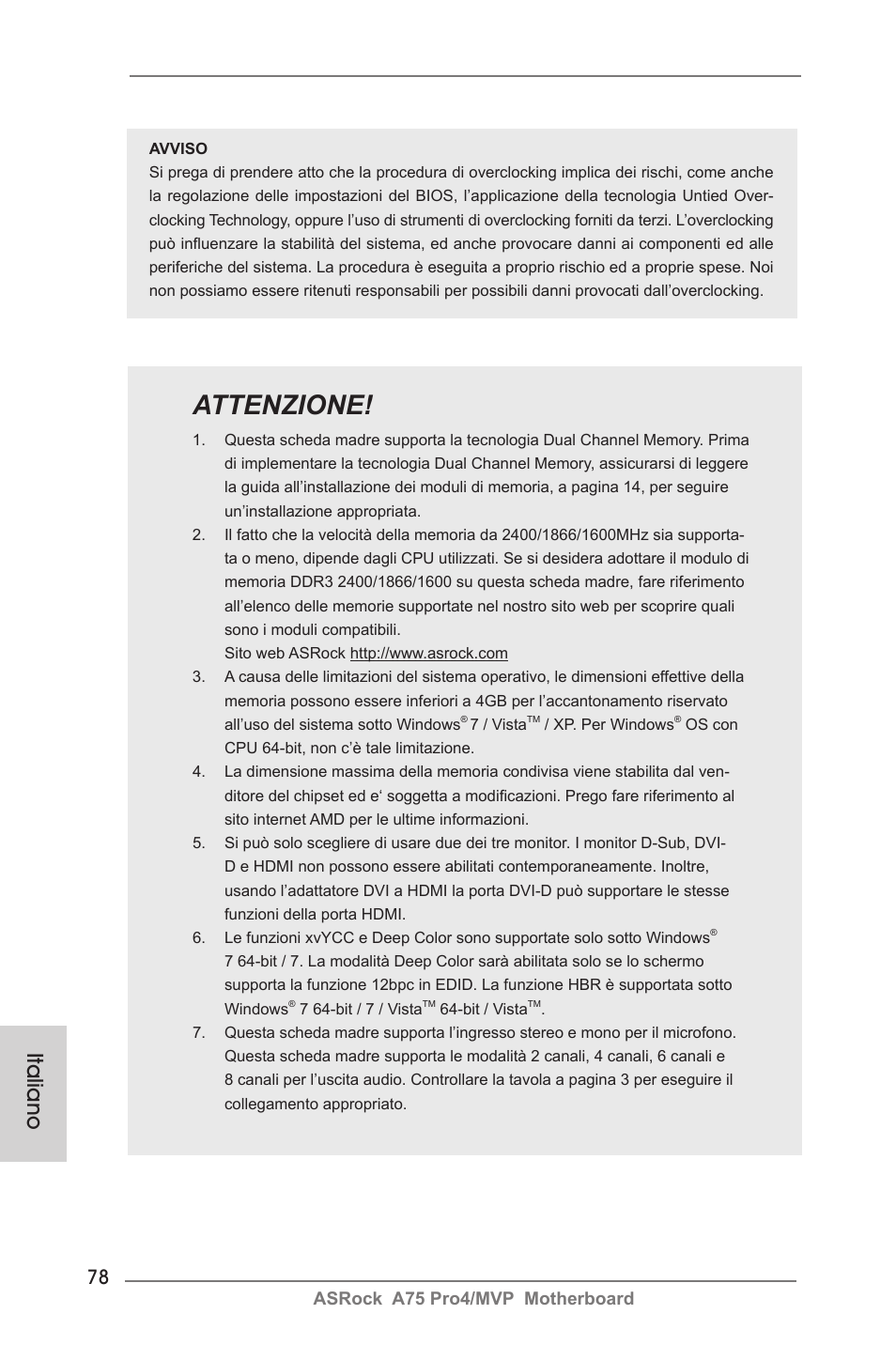 Attenzione, Italiano, Asrock a75 pro4/mvp motherboard | ASRock A75 Pro4__MVP User Manual | Page 78 / 200