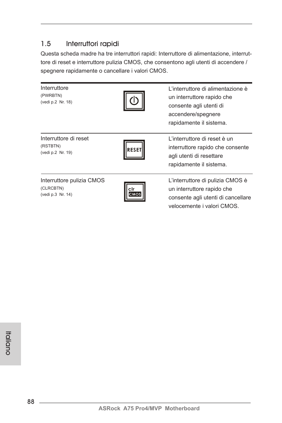 5 interruttori rapidi, Italiano | ASRock A75 Pro4__MVP User Manual | Page 88 / 200
