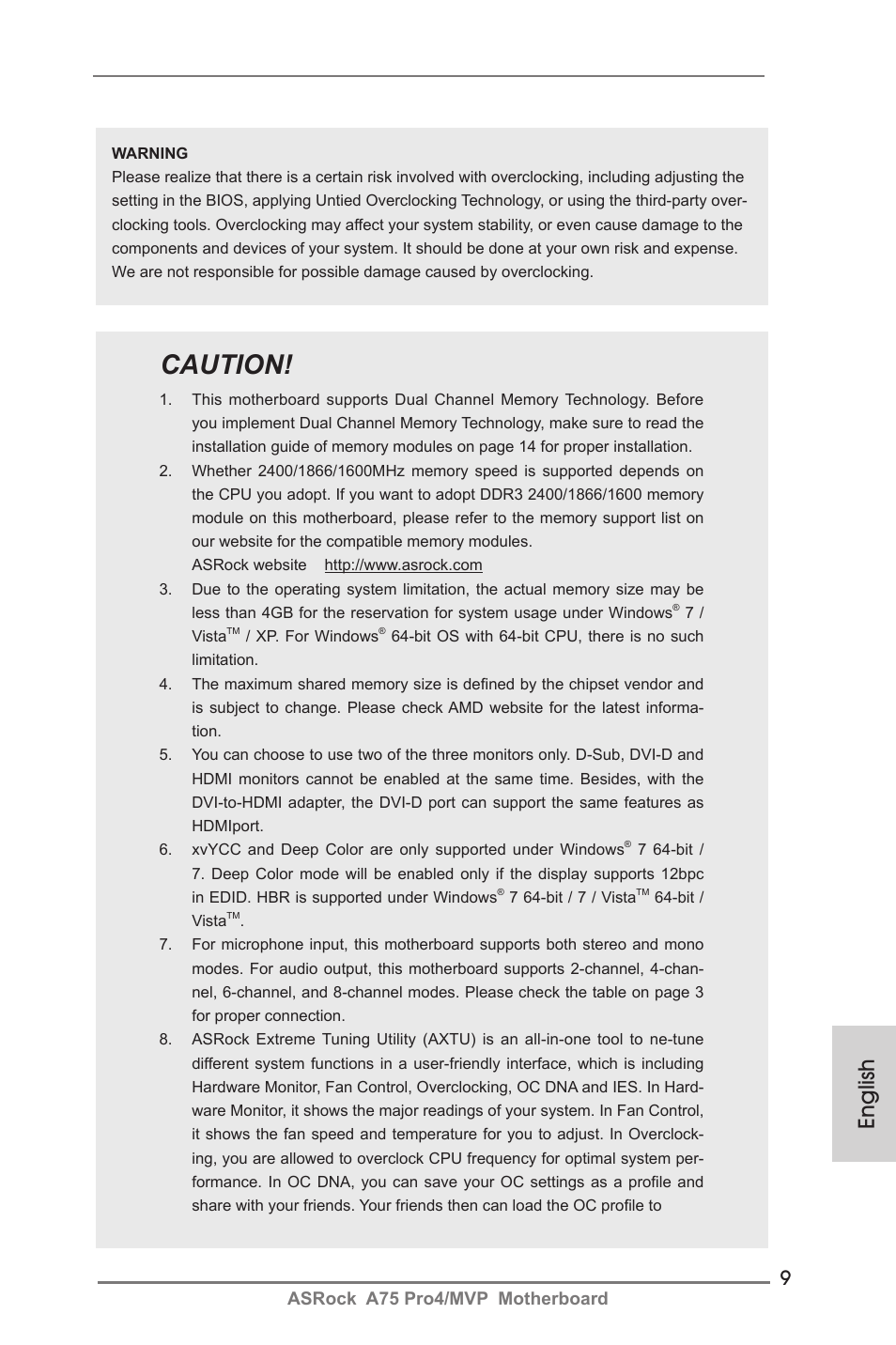 Caution, English, Asrock a75 pro4/mvp motherboard | ASRock A75 Pro4__MVP User Manual | Page 9 / 200