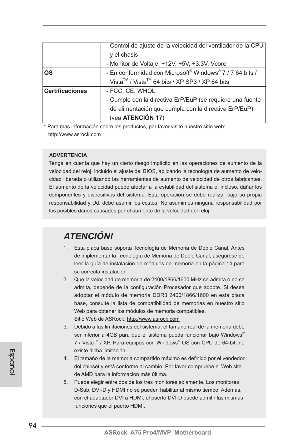 Atención, Español | ASRock A75 Pro4__MVP User Manual | Page 94 / 200