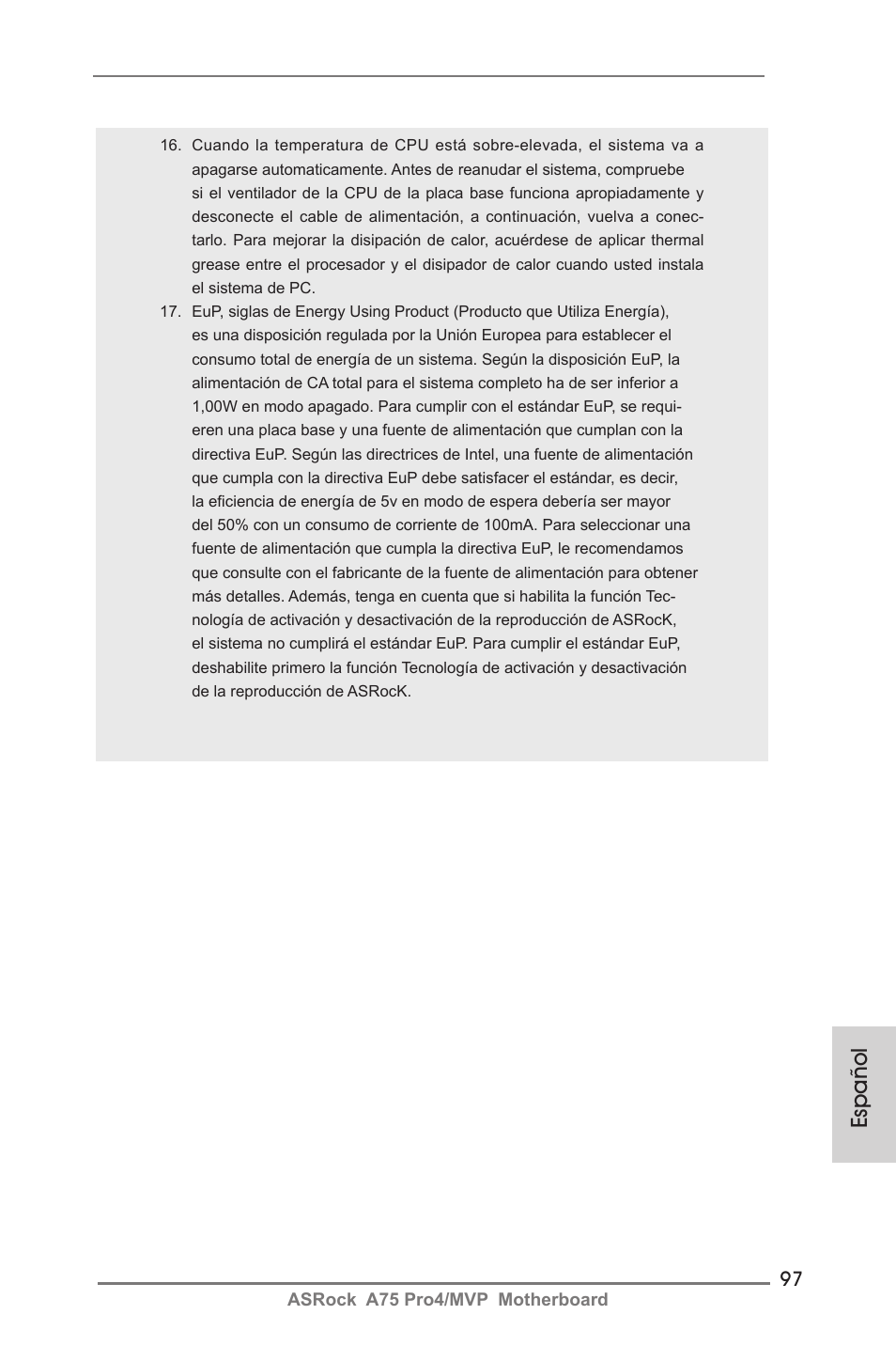 Español | ASRock A75 Pro4__MVP User Manual | Page 97 / 200