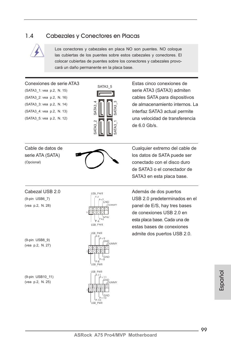 Español 1.4 cabezales y conectores en placas | ASRock A75 Pro4__MVP User Manual | Page 99 / 200