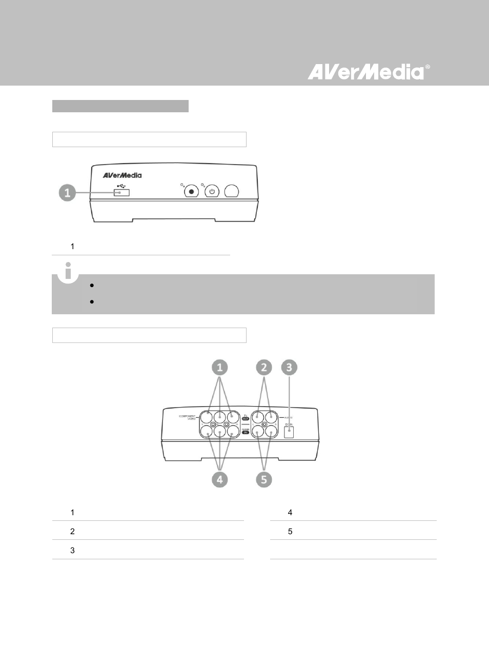 Connection ports, Front view, Rear view | 4 connection ports, 1 front view 2.4.2 rear view | AverMedia Game Capture HD User Manual | Page 14 / 116