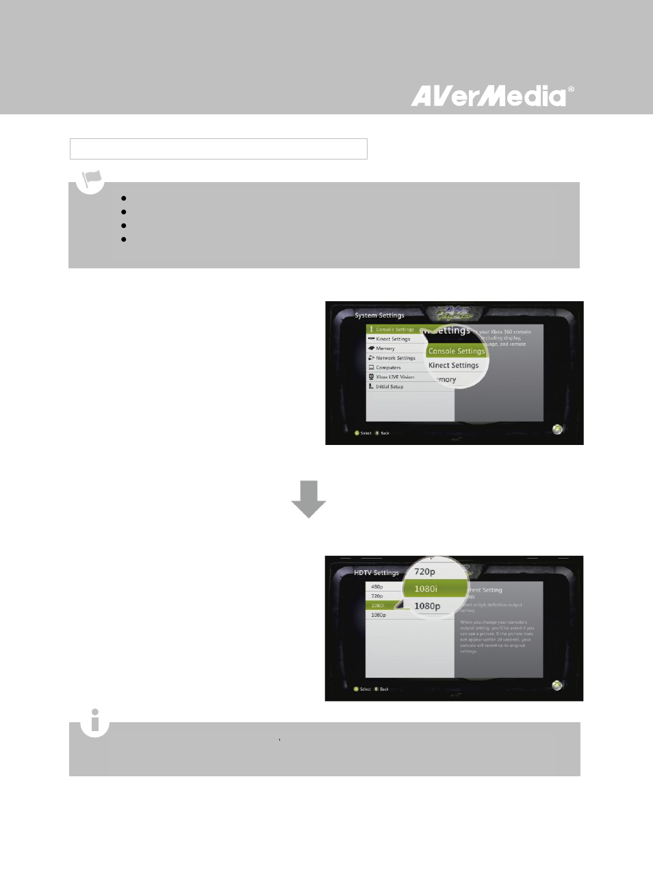 Video output settings for xbox 360, Step 1, Step 2 | 2 video output settings for xbox 360 | AverMedia Game Capture HD User Manual | Page 30 / 116