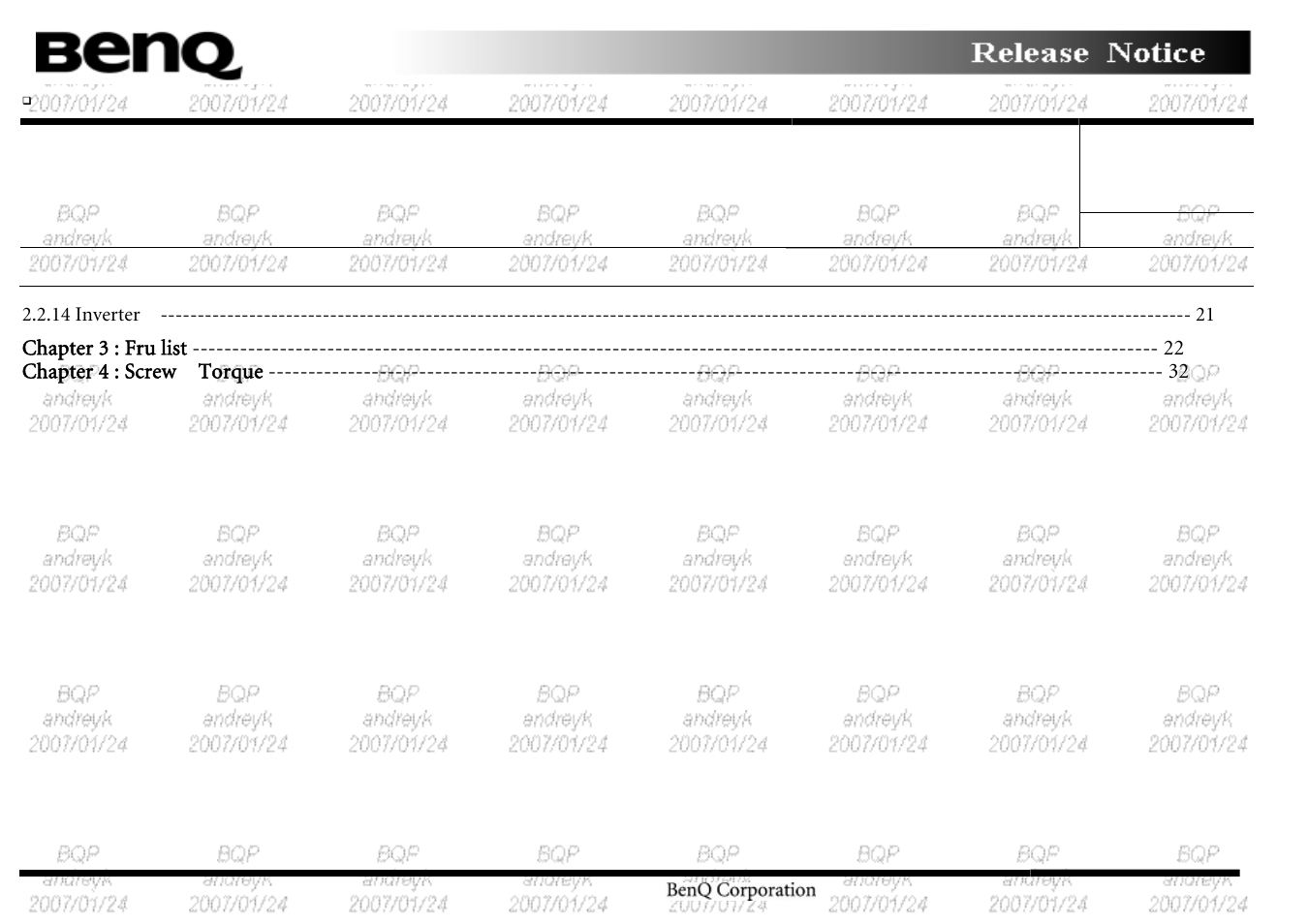 Chapter 3 : fru list chapter 4 : screw torque | BenQ Joybook R55 User Manual | Page 2 / 32