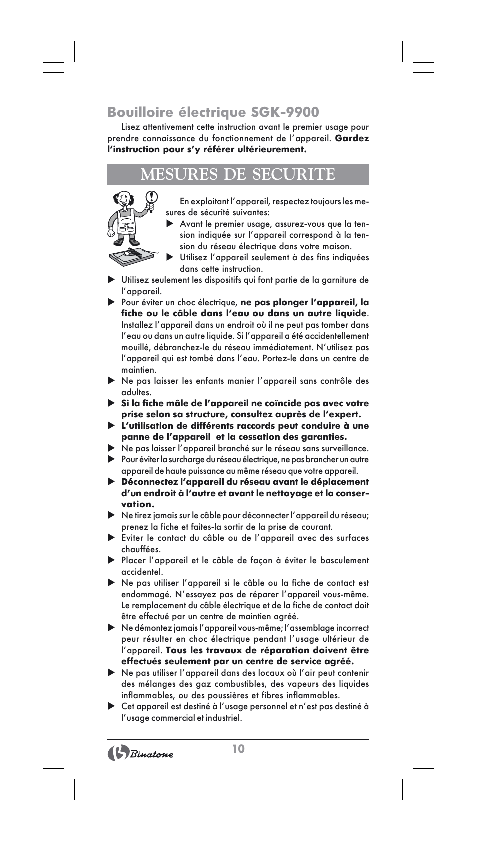 Mesures de securite, Bouilloire électrique sgk-9900 | Binatone SGK-9900 User Manual | Page 10 / 30