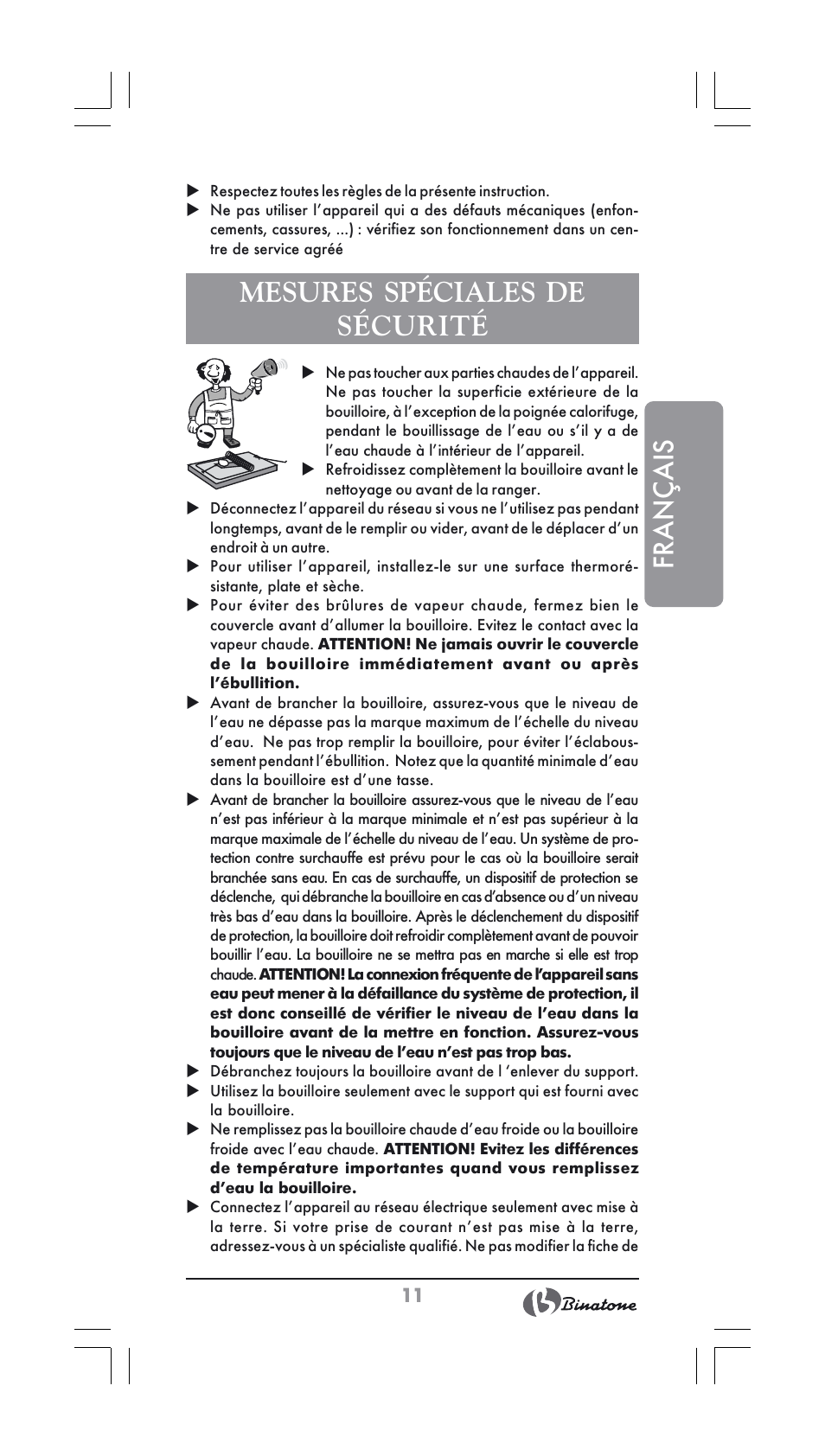 Français, Mesures spéciales de sécurité | Binatone SGK-9900 User Manual | Page 11 / 30