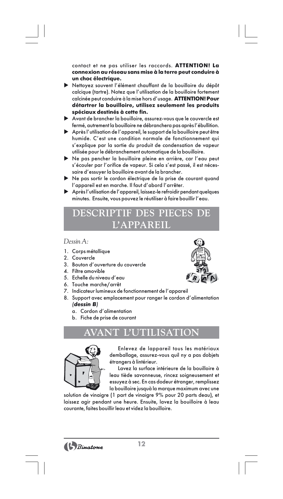 Descriptif des pieces de l’appareil, Avant l’utilisation | Binatone SGK-9900 User Manual | Page 12 / 30
