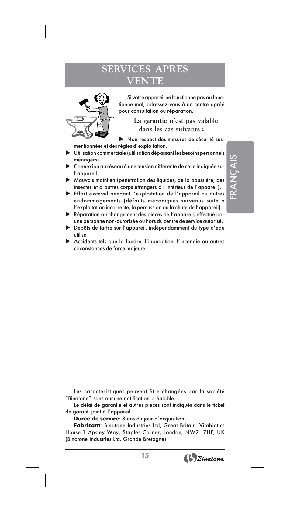 Français, Services apres vente | Binatone SGK-9900 User Manual | Page 15 / 30