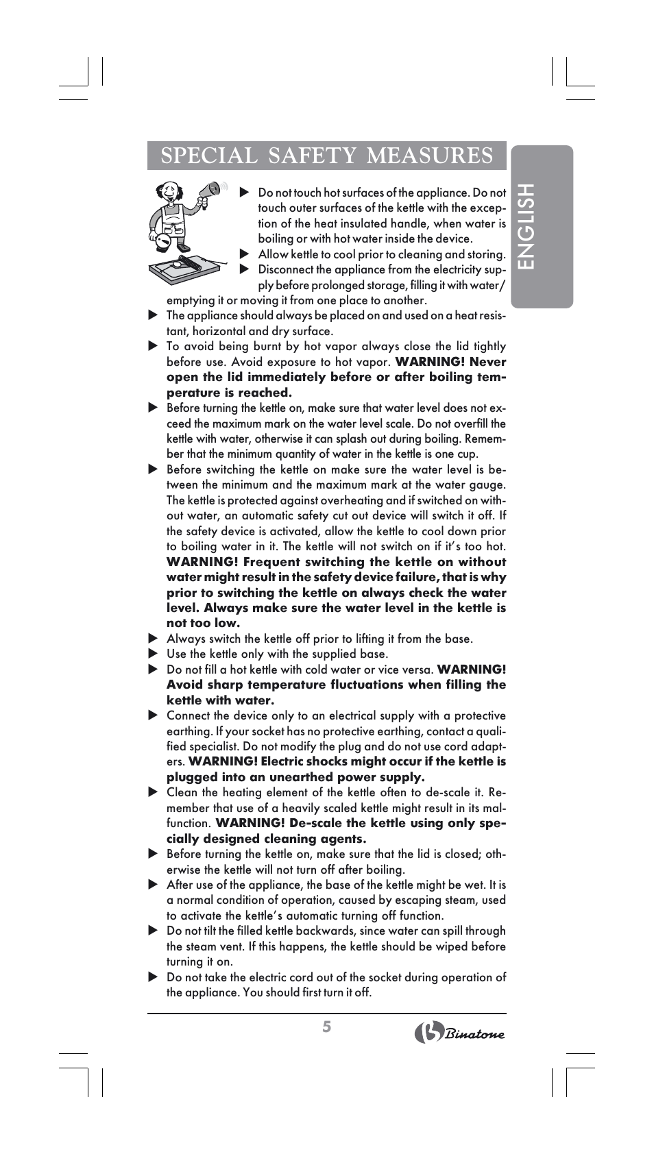 English special safety measures | Binatone SGK-9900 User Manual | Page 5 / 30