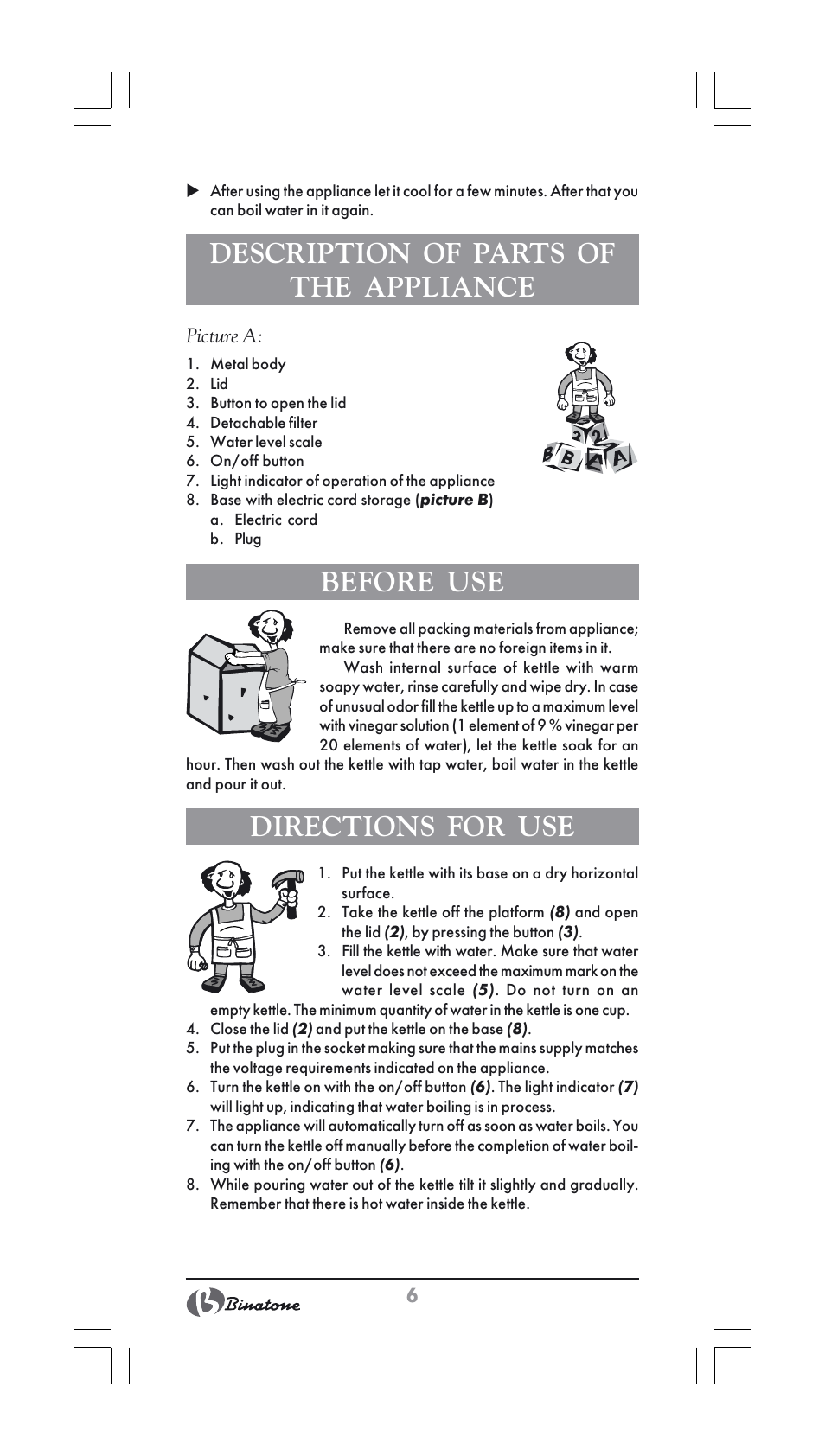 Description of parts of the appliance, Before use, Directions for use | Binatone SGK-9900 User Manual | Page 6 / 30