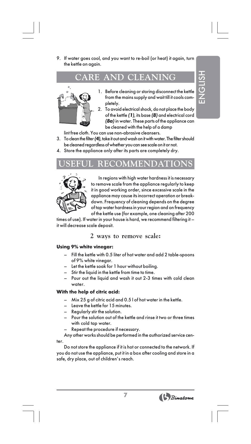 English, Care and cleaning, Useful recommendations | 2 ways to remove scale | Binatone SGK-9900 User Manual | Page 7 / 30