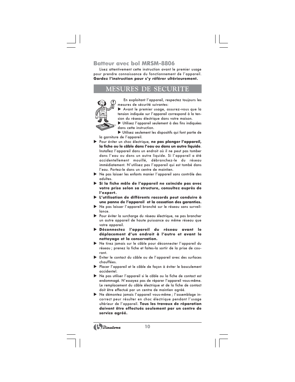 Mesures de securite, Batteur avec bol mrsm-8806 | Binatone MRSM-8806 User Manual | Page 10 / 28