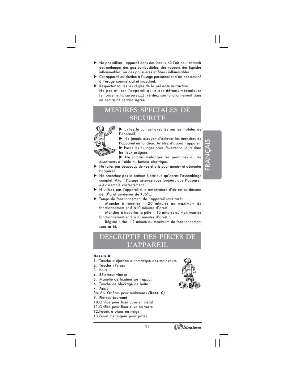Français, Mesures speciales de securite, Descriptif des pieces de l’appareil | Binatone MRSM-8806 User Manual | Page 11 / 28