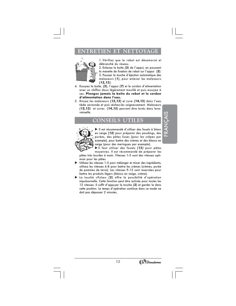Français entretien et nettoyage, Conseils utiles | Binatone MRSM-8806 User Manual | Page 13 / 28