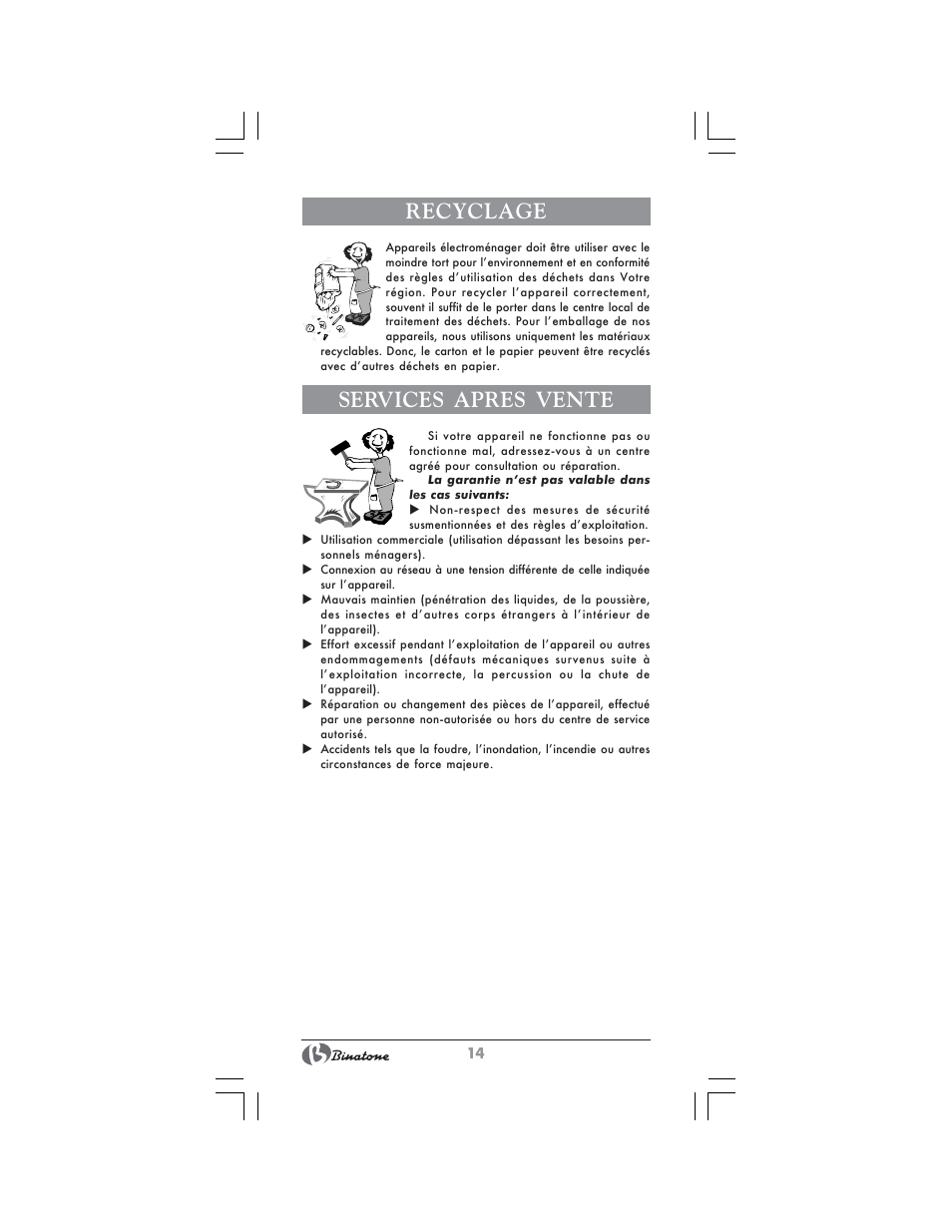 Recyclage, Services apres vente | Binatone MRSM-8806 User Manual | Page 14 / 28