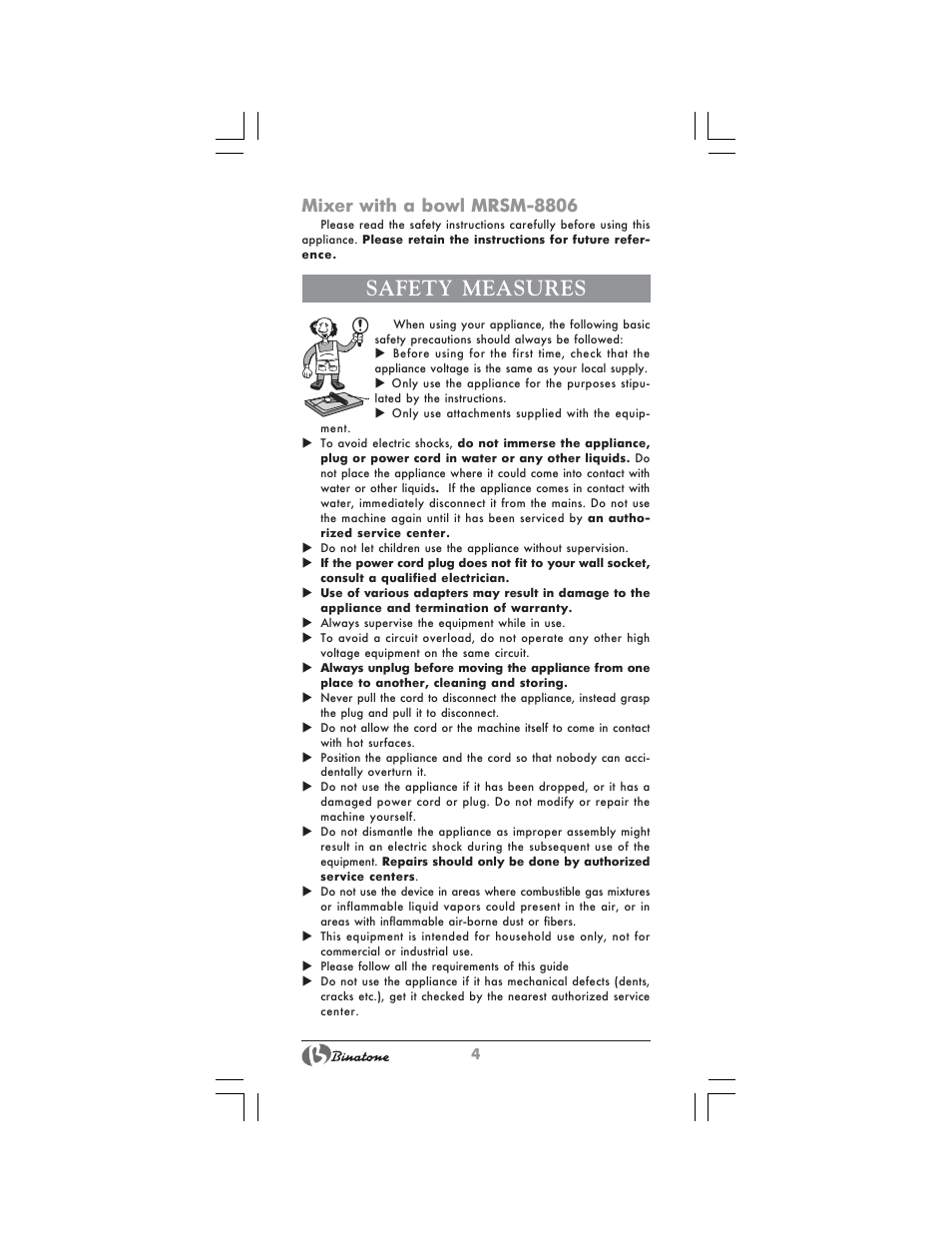Safety measures, Mixer with a bowl mrsm-8806 | Binatone MRSM-8806 User Manual | Page 4 / 28