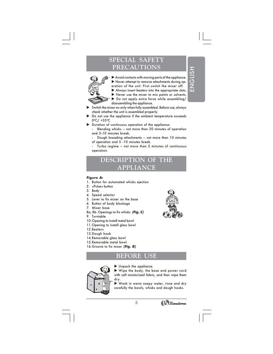 English special safety precautions, Description of the appliance, Before use | Binatone MRSM-8806 User Manual | Page 5 / 28