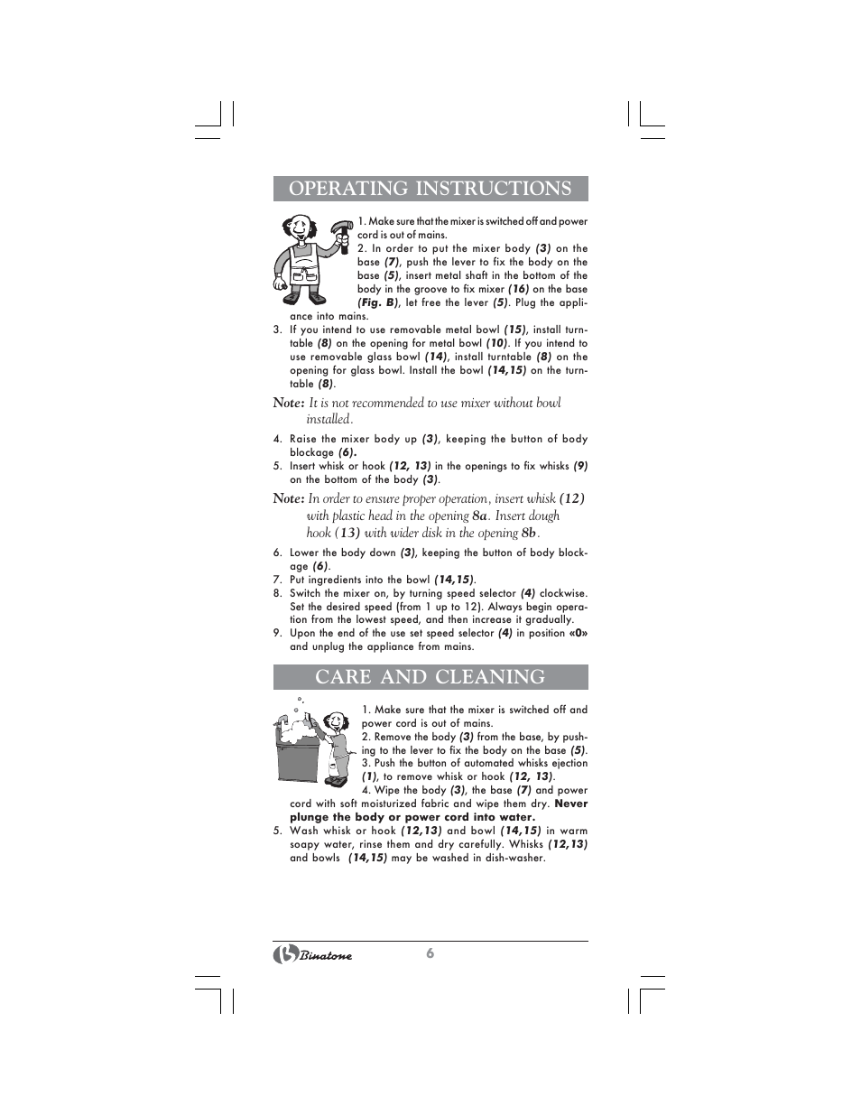 Operating instructions, Care and cleaning | Binatone MRSM-8806 User Manual | Page 6 / 28