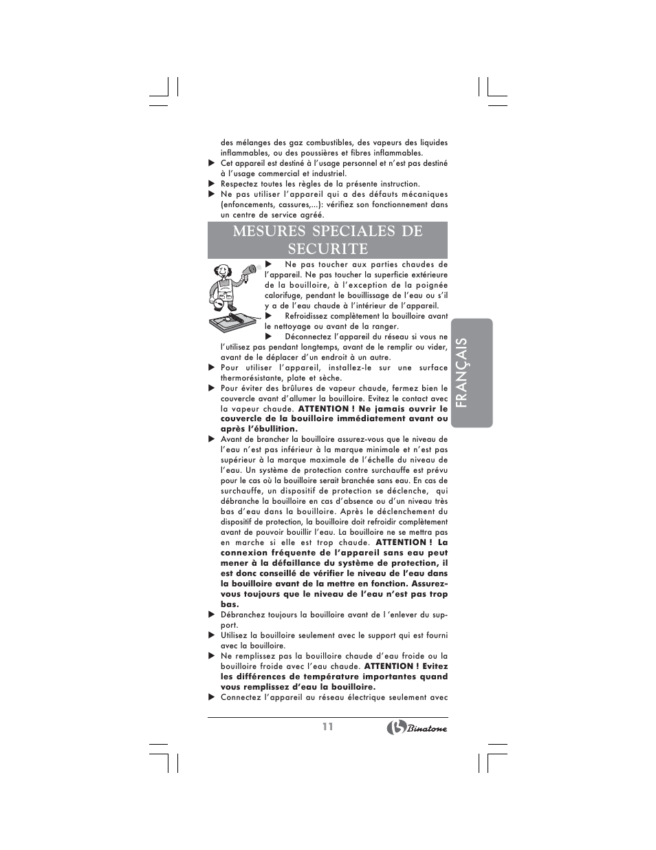 Français, Mesures speciales de securite | Binatone CEJ-1743 User Manual | Page 11 / 28
