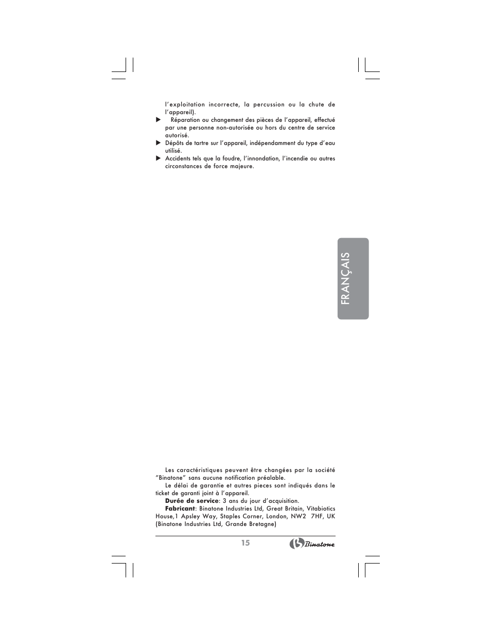 Français | Binatone CEJ-1743 User Manual | Page 15 / 28