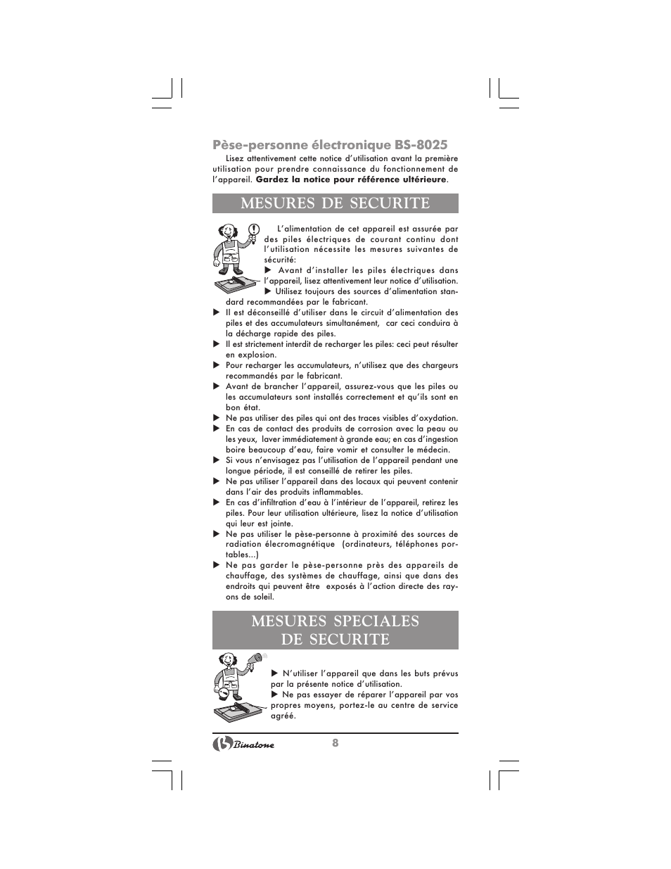 Mesures de securite, Mesures speciales de securite, Pèse-personne électronique bs-8025 | Binatone BS-8025 User Manual | Page 8 / 20