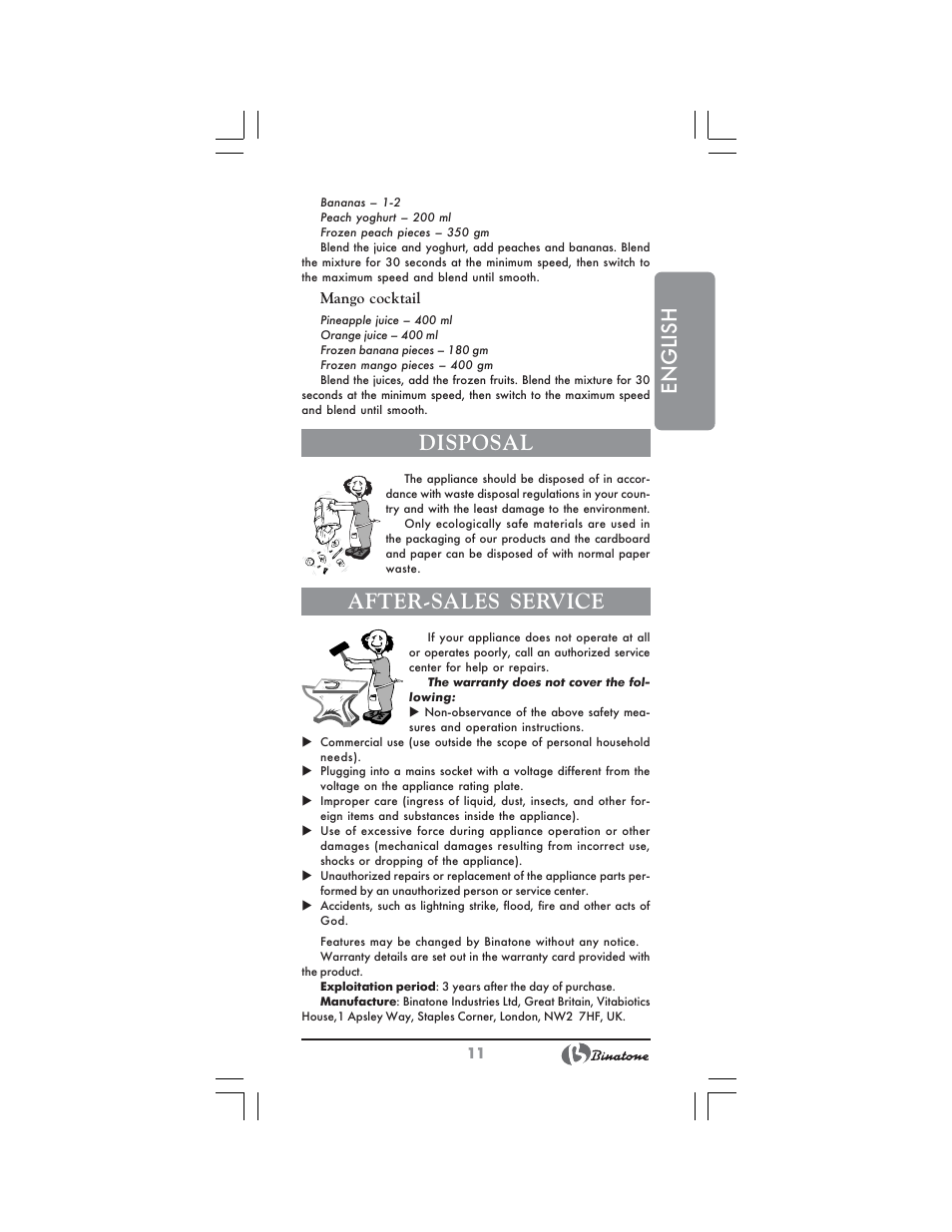 English, Disposal, After-sales service | Binatone NB-7703 User Manual | Page 11 / 42