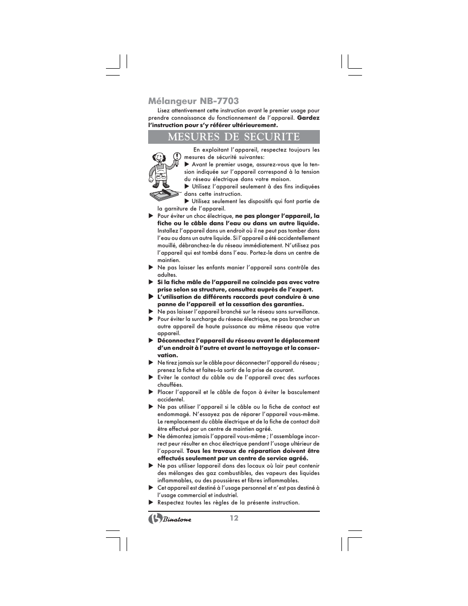 Mesures de securite, Mélangeur nb-7703 | Binatone NB-7703 User Manual | Page 12 / 42