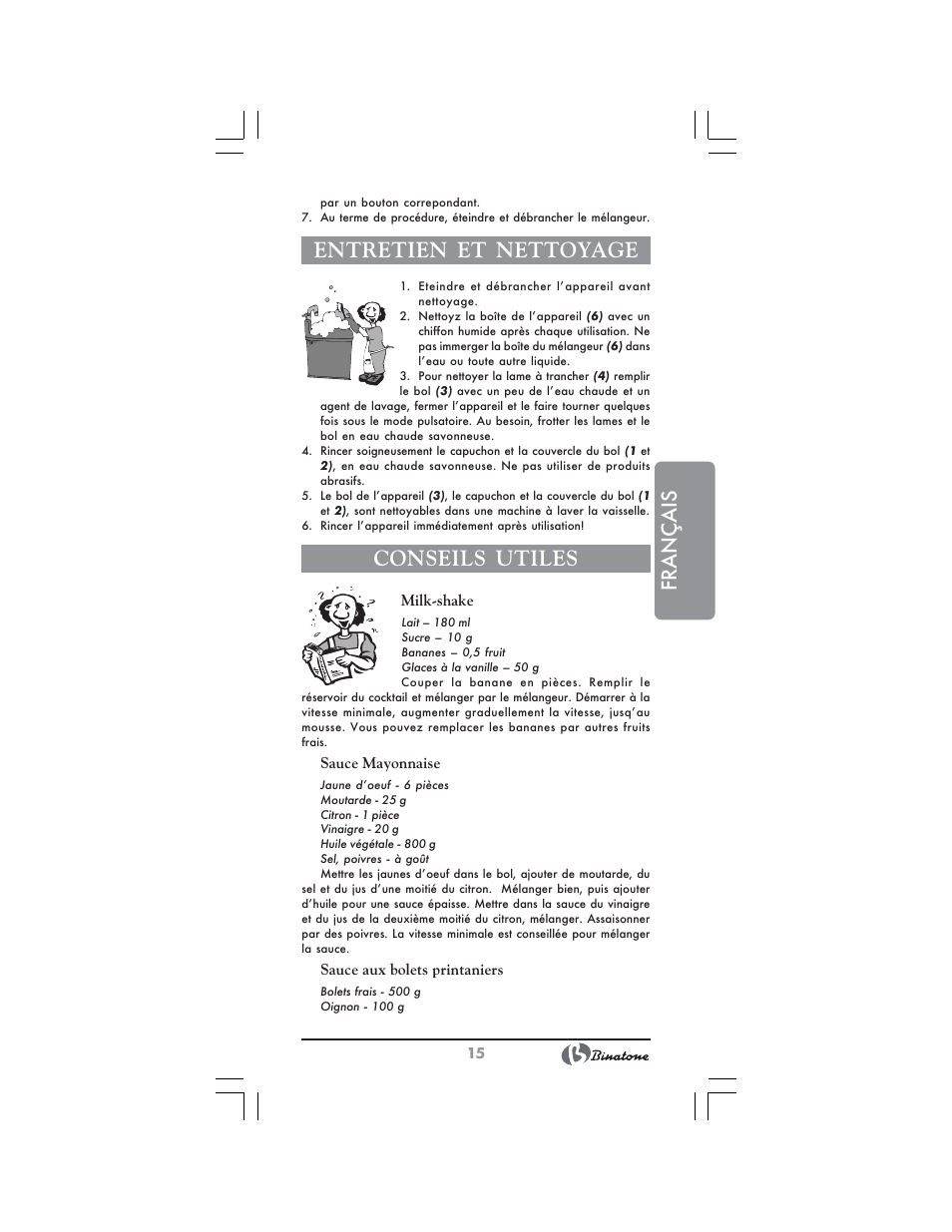 Français, Entretien et nettoyage, Conseils utiles | Binatone NB-7703 User Manual | Page 15 / 42