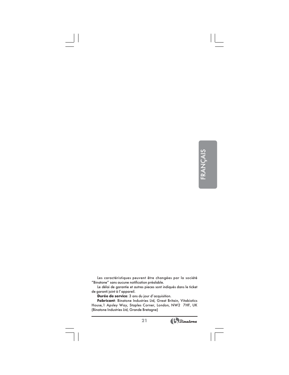 Français | Binatone NB-7703 User Manual | Page 21 / 42