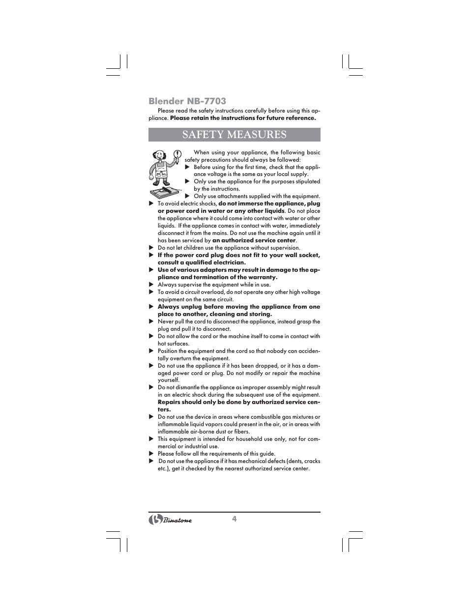 Safety measures, Blender nb 7703 | Binatone NB-7703 User Manual | Page 4 / 42