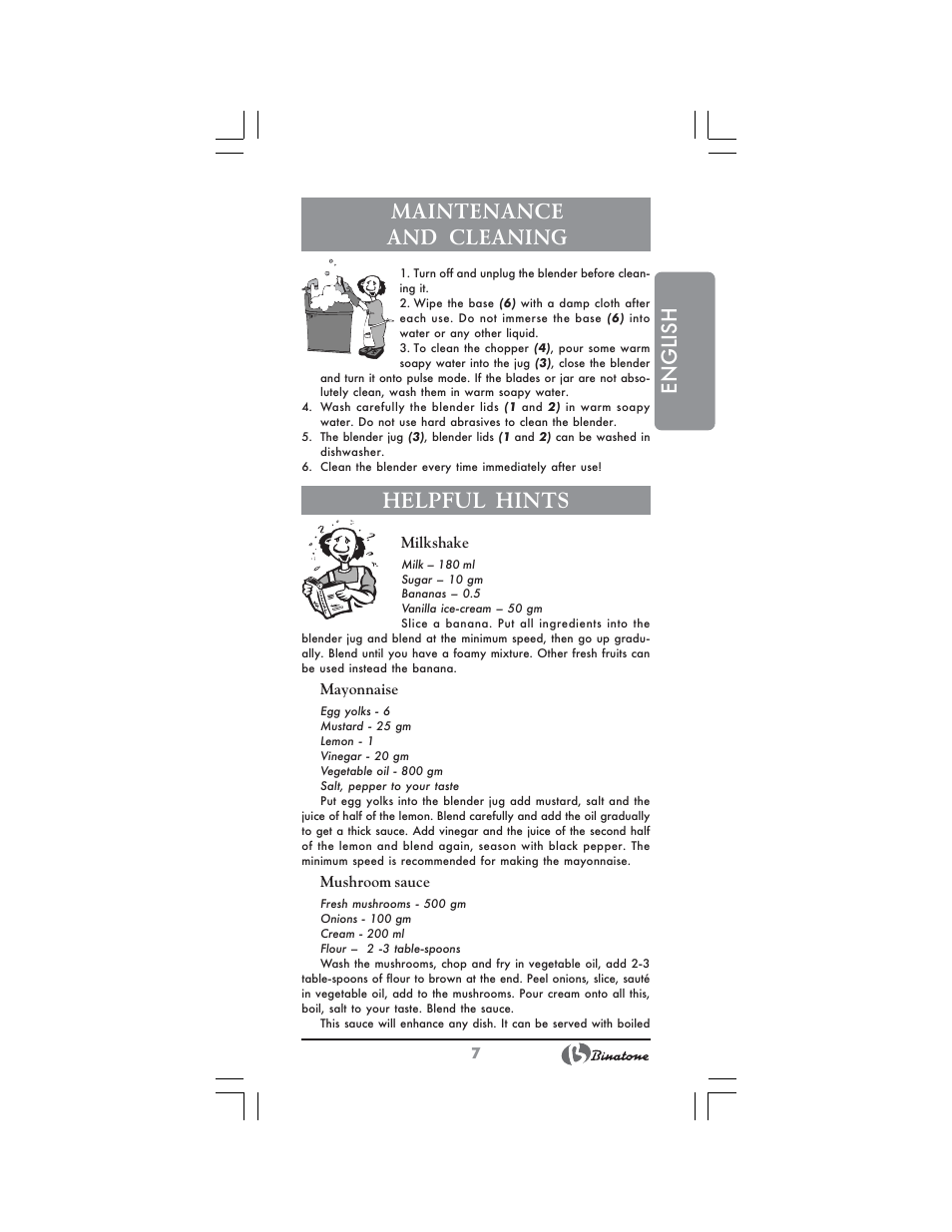 English maintenance and cleaning, Helpful hints | Binatone NB-7703 User Manual | Page 7 / 42