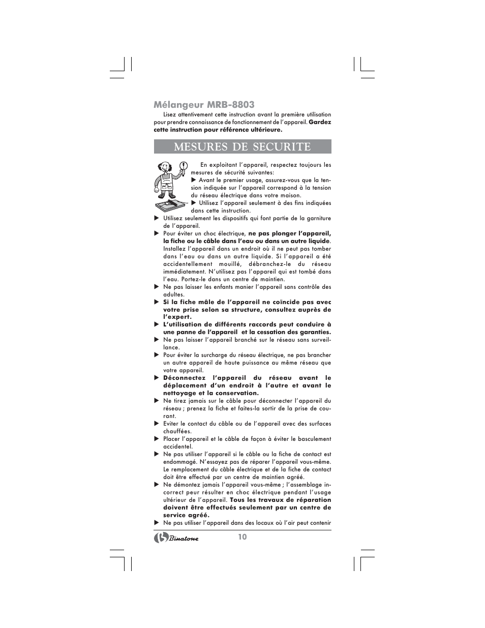 Mesures de securite, Mélangeur mrb-8803 | Binatone MRB-8803 User Manual | Page 10 / 34