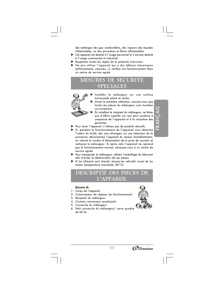 Français, Mesures de securite speciales, Descriptif des pieces de l’appareil | Binatone MRB-8803 User Manual | Page 11 / 34