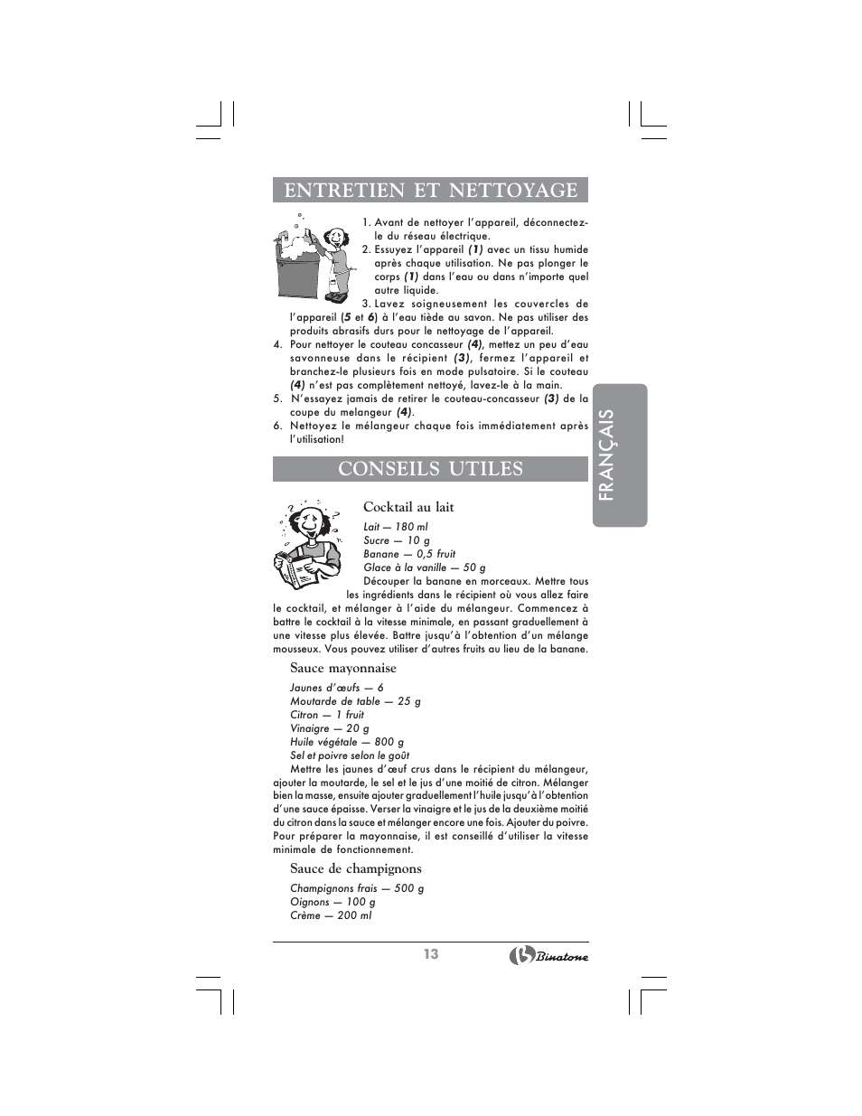 Français entretien et nettoyage, Conseils utiles | Binatone MRB-8803 User Manual | Page 13 / 34