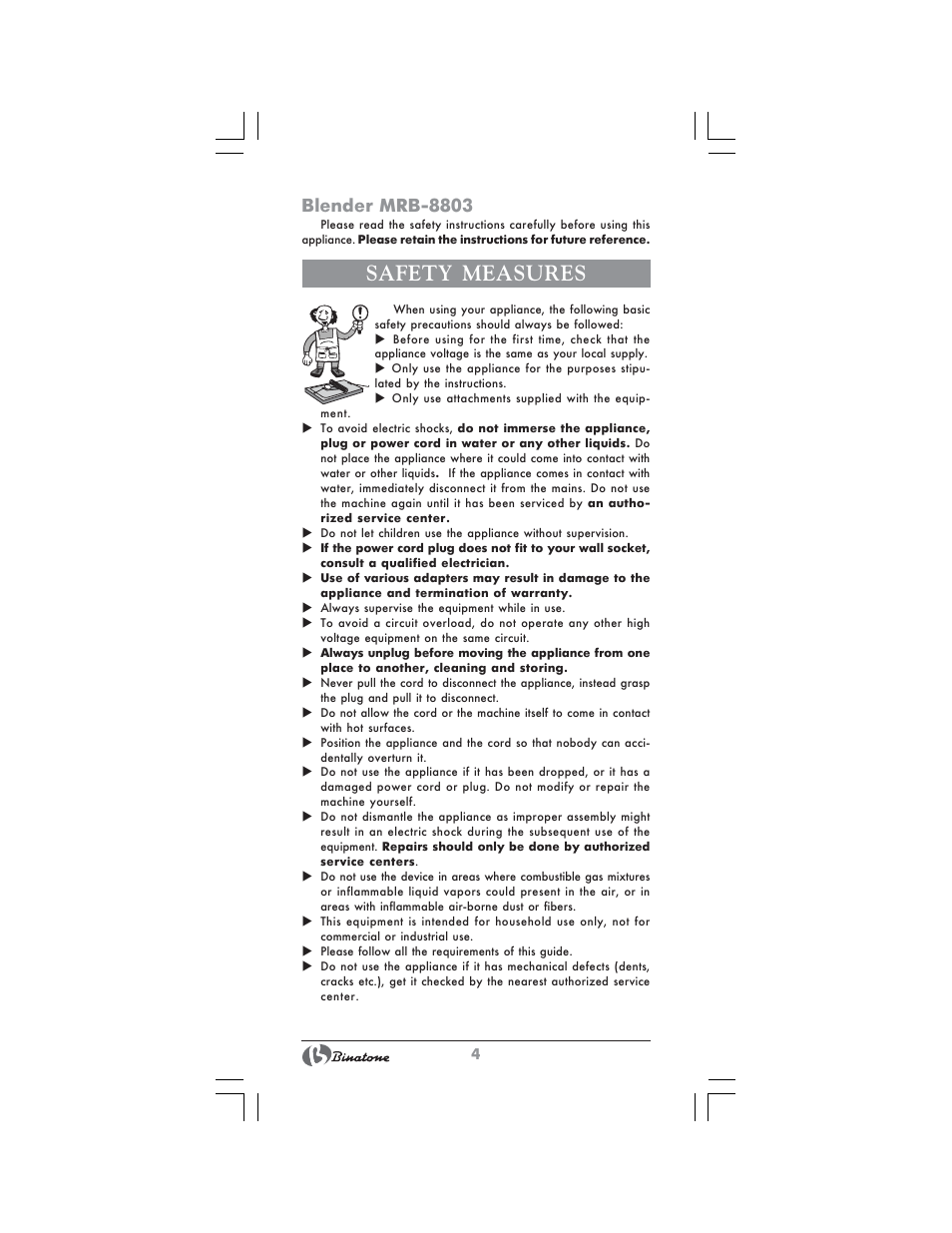 Safety measures, Blender mrb-8803 | Binatone MRB-8803 User Manual | Page 4 / 34